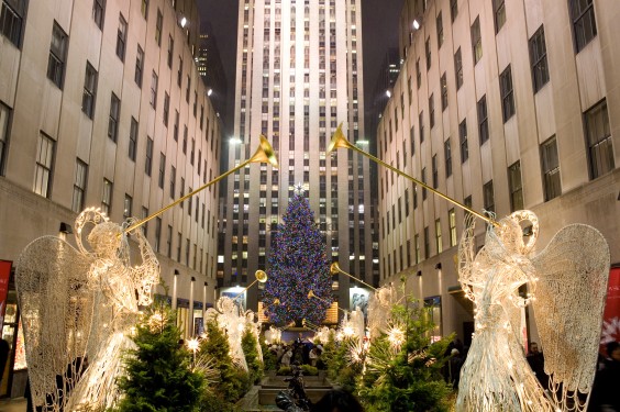 Lit angels and Christmas tree in Rockerfeller Center