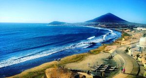 a beachside view in january with a mountain in tenerife spain