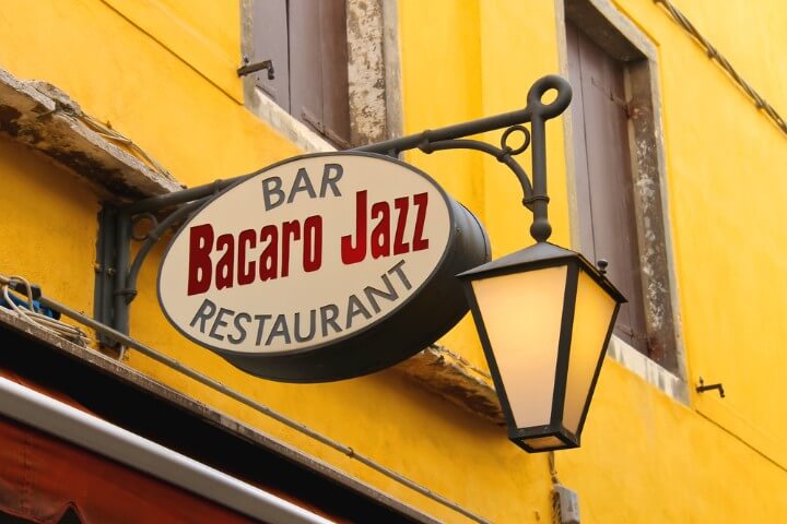 Bacaro Jazz restaurant bar sign in Venice - Italy