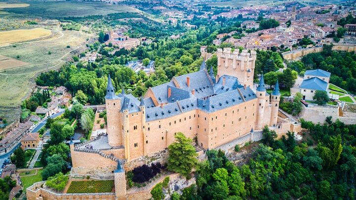 aerial view of the alcazar of segovia in spain